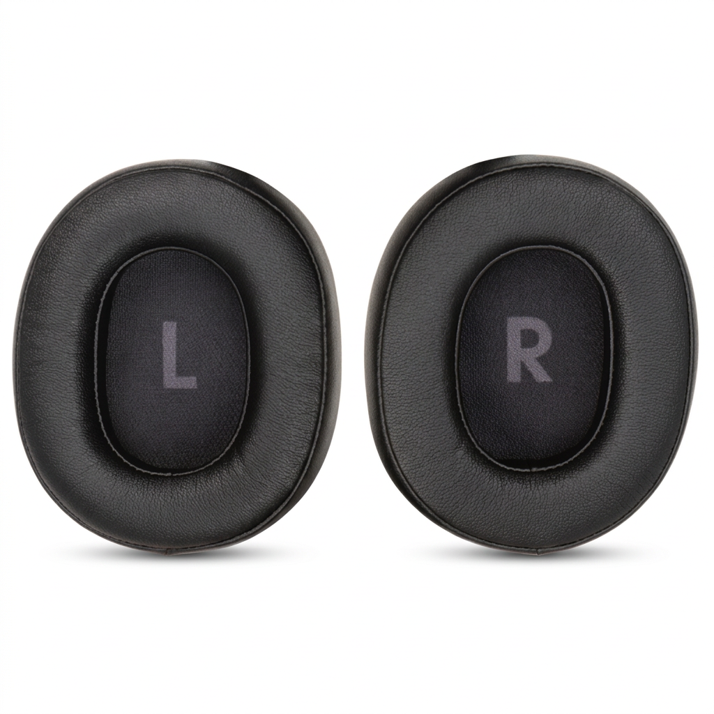Coussinets noirs JBL sur fond blanc avec ombres douces