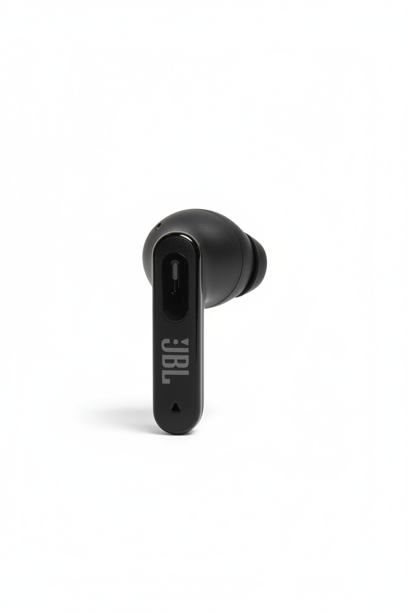 Écouteur droit noir JBL Tune Flex 2 – Vue face logo JBL